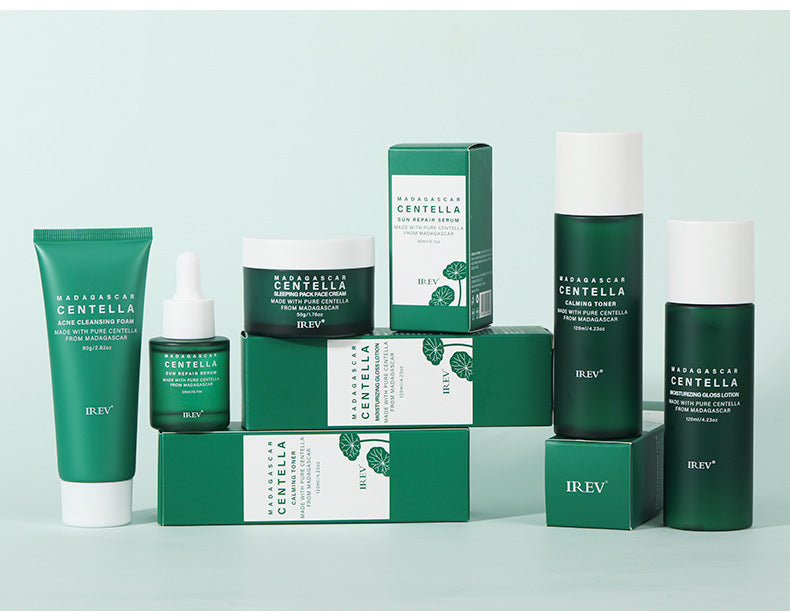 Collection of IREV skincare products on a light green background