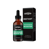 The image shows a product packaging for Googeer Instant Testosterone Booster, which includes a dropper bottle and a black box with green and white labeling.