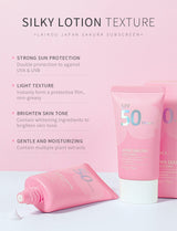 Pink sunscreen lotion with text highlighting features on a light pink background