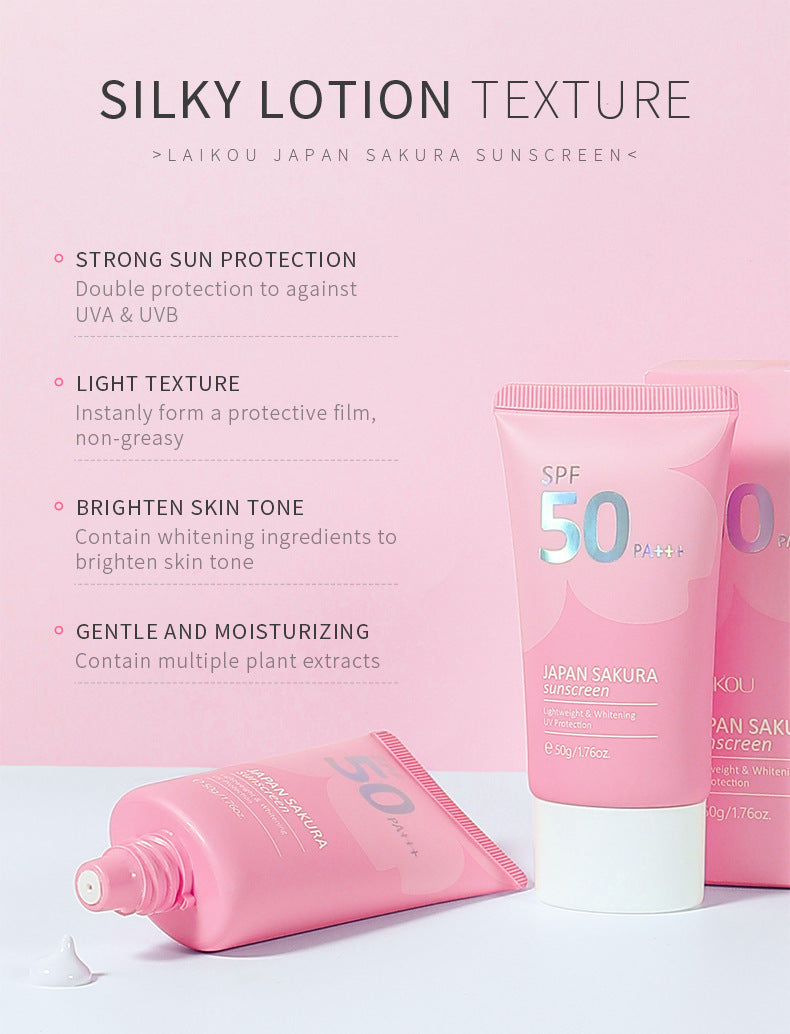 Pink sunscreen lotion with text highlighting features on a light pink background