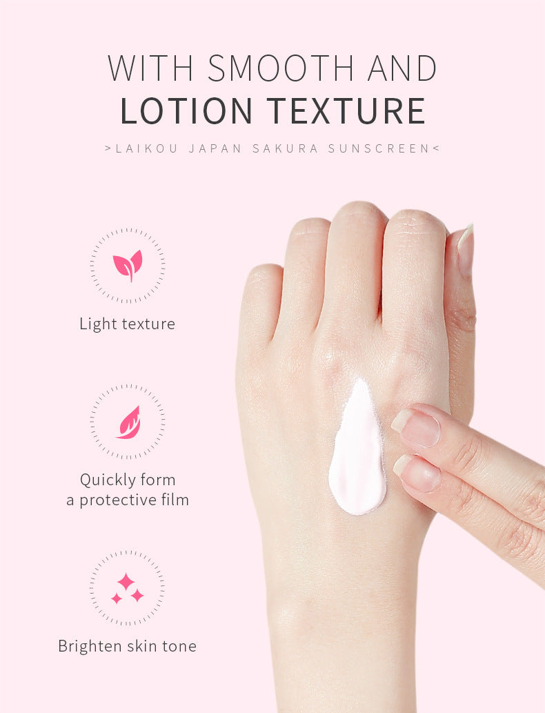 Hand applying sunscreen lotion with text highlighting features on a pink background