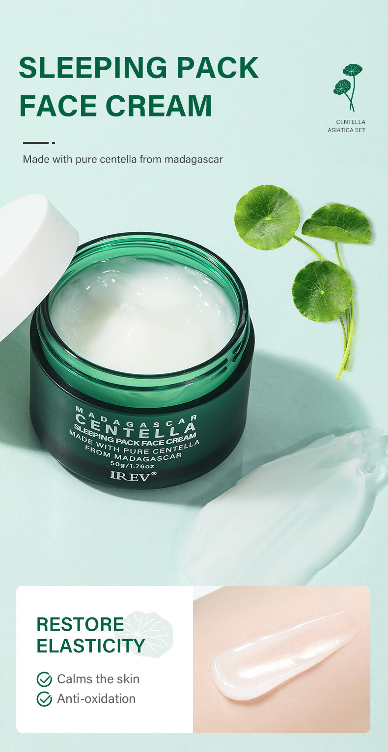 Green jar of sleeping pack face cream with centella asiatica leaves on a light green background