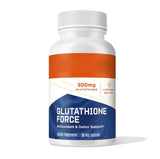 A bottle of Glutathione Force dietary supplement with 500mg of glutathione, marketed for antioxidant and detox support.