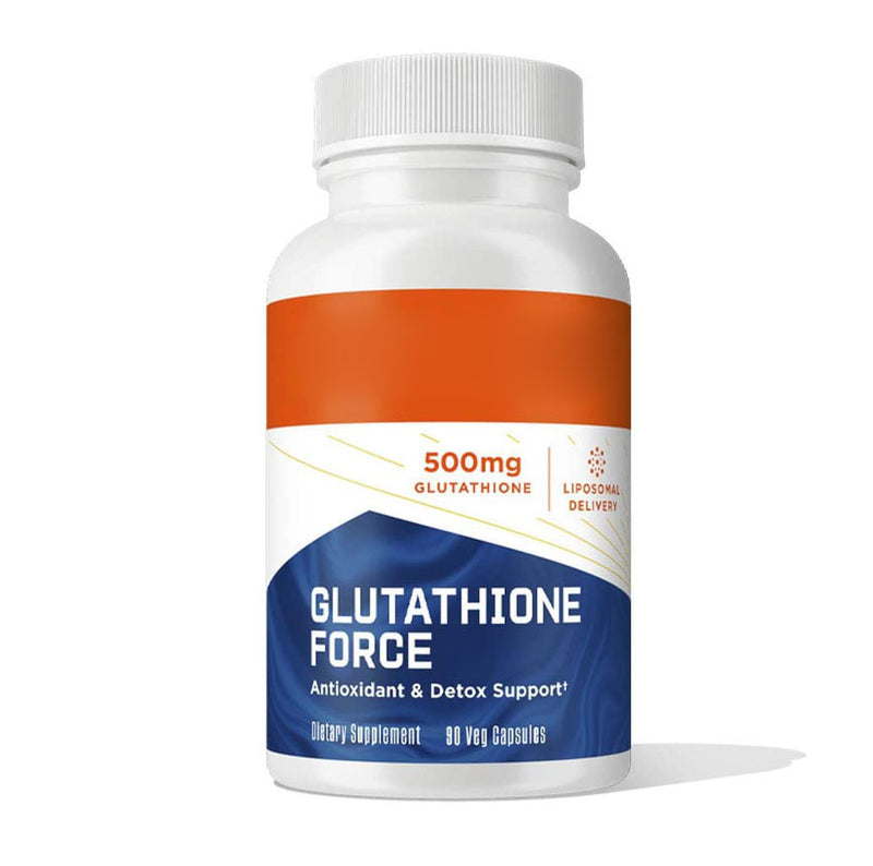 A bottle of Glutathione Force dietary supplement with 500mg of glutathione, marketed for antioxidant and detox support.