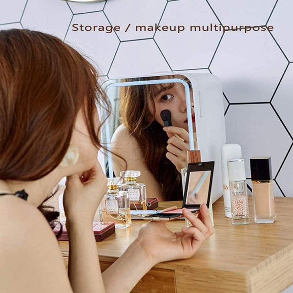 Woman applying makeup in front of a mirror with various products on a table.