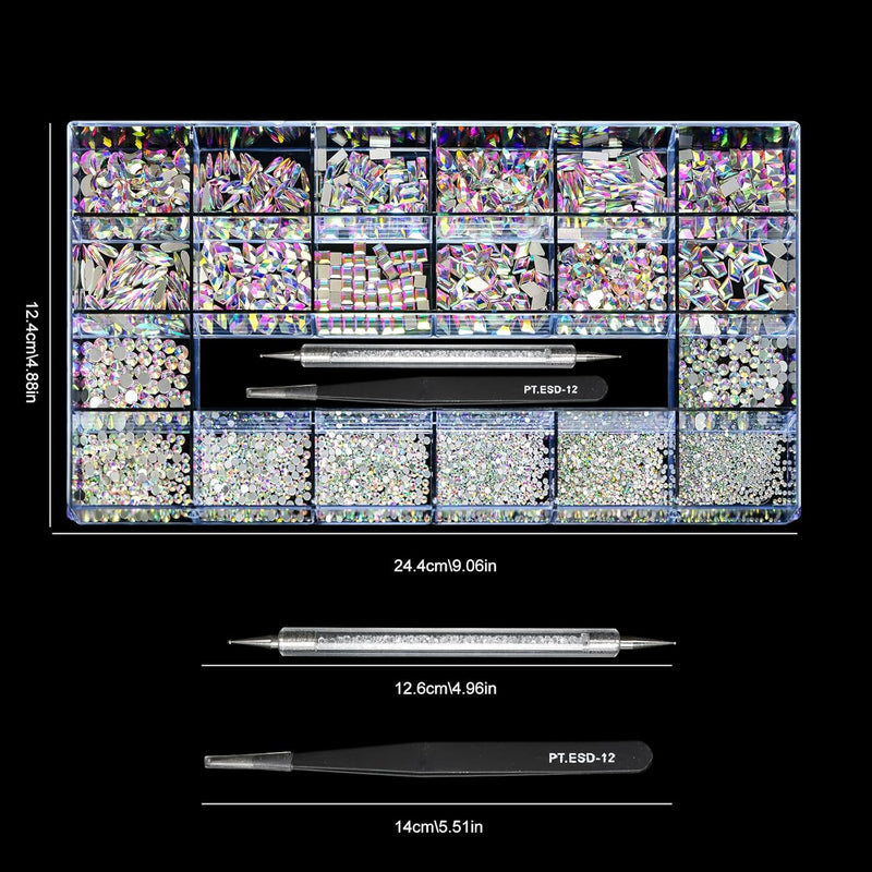 12 Types of 600 Crystal AB Diamonds + 2500 Flat Rhinestones Mix 20 Styles Flatback DIY Crafts Rhinestone Crystals 3D Ornament‌S Flat Back Stones Set +Tweezers + Drill Pen