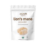 Packaging of ESUN organic Lion's mane powder with a white background, featuring an image of the lion's mane mushroom and text detailing product information.