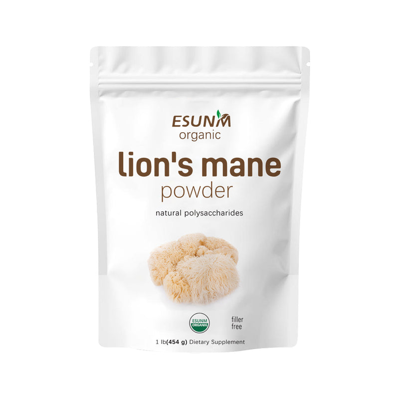 Packaging of ESUN organic Lion's mane powder with a white background, featuring an image of the lion's mane mushroom and text detailing product information.