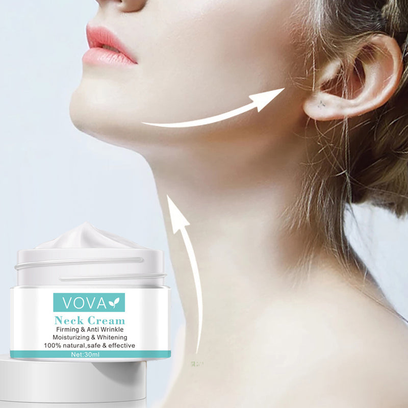 VOVA neck cream with a close-up of a woman's neck and jawline.