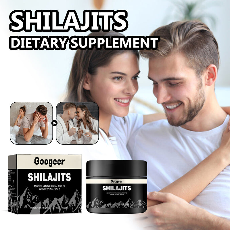 The image features a jar and a box of Googeer Shilajit dietary supplement, with an inset of a smiling couple. The background is white.