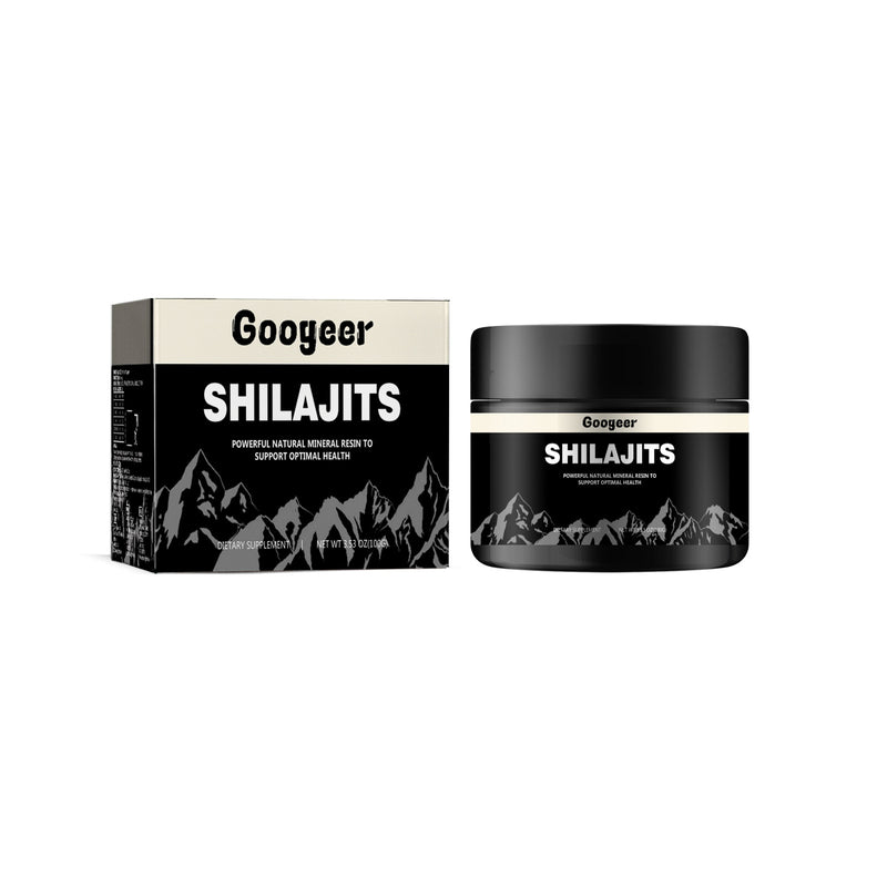 The image features a jar and a box of Googeer Shilajit dietary supplement, with an inset of a smiling couple. The background is white.
