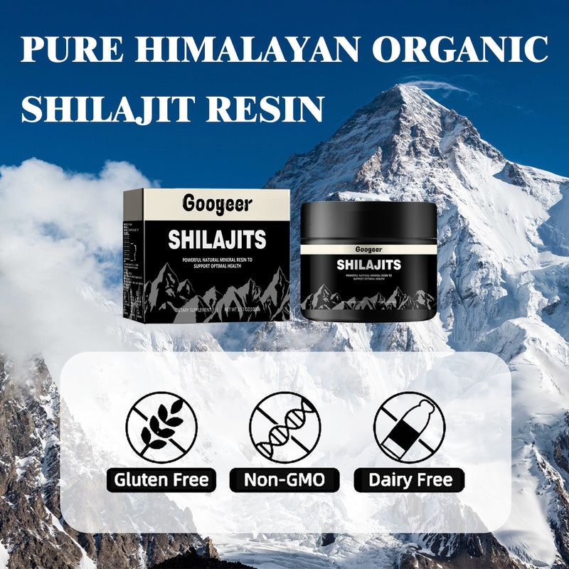 The image features a jar and a box of Googeer Shilajit dietary supplement, with an inset of a smiling couple. The background is white.