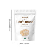 Packaging of ESUN organic Lion's mane powder with a white background, featuring an image of the lion's mane mushroom and text detailing product information.