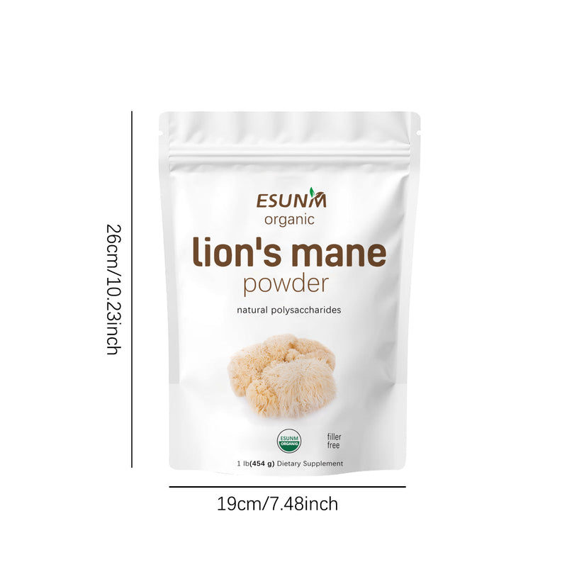 Packaging of ESUN organic Lion's mane powder with a white background, featuring an image of the lion's mane mushroom and text detailing product information.