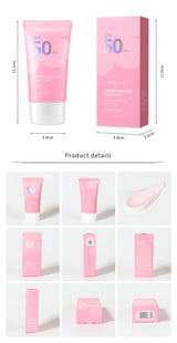 Pink sunscreen bottle with packaging and product details on a white background