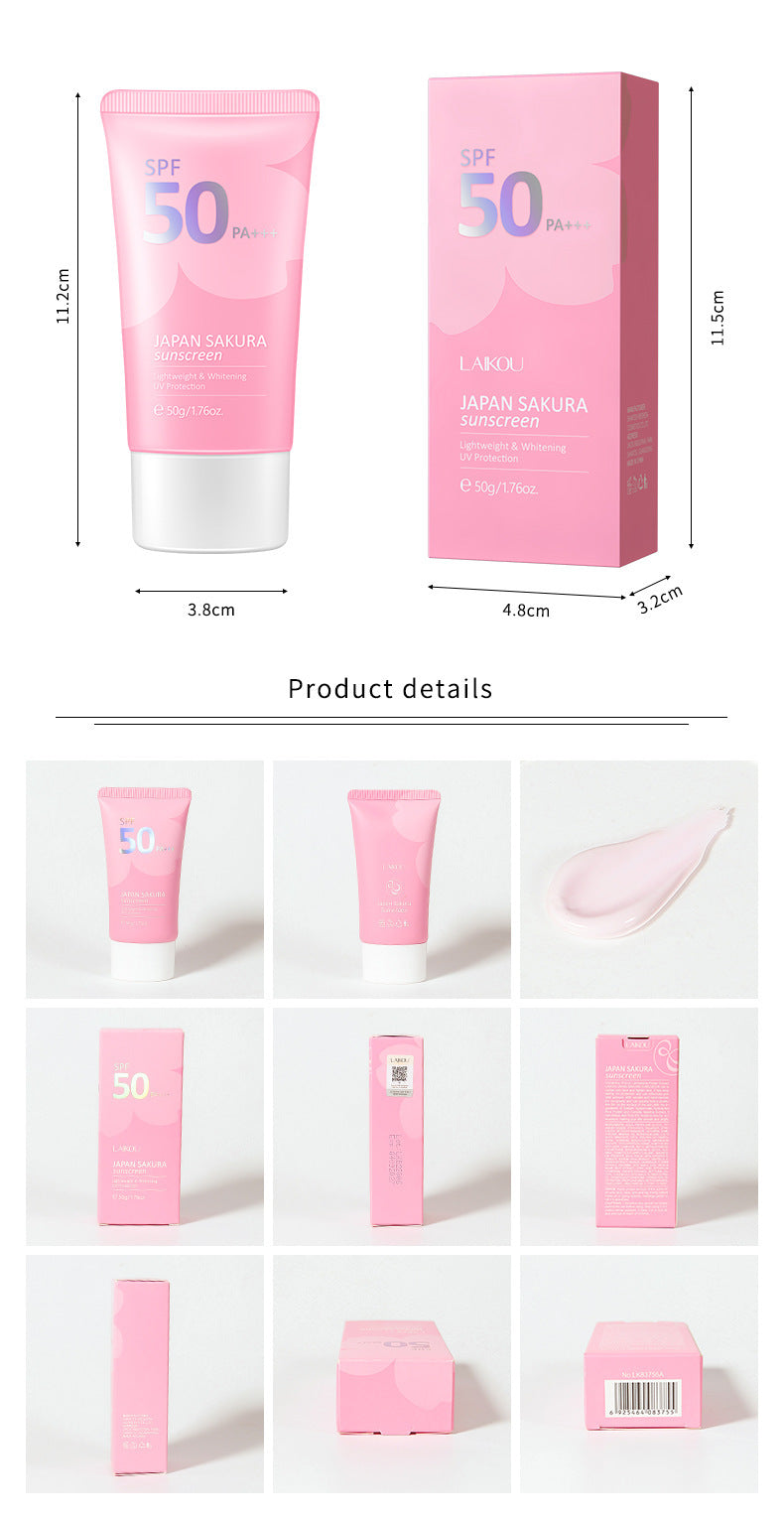 Pink sunscreen bottle with packaging and product details on a white background