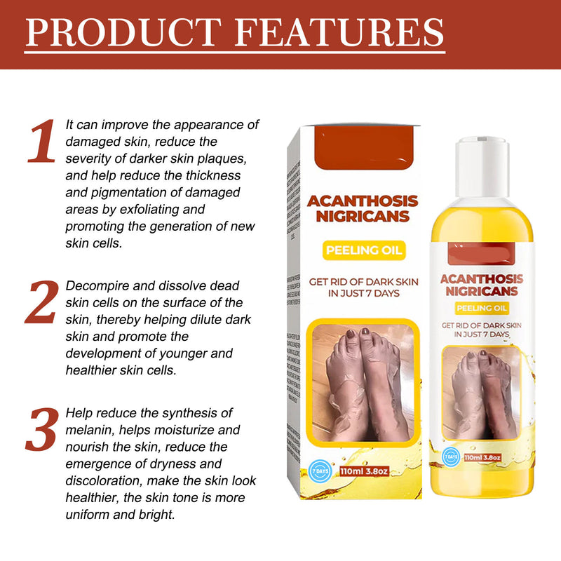 Acanthosis nigricans treatment product with packaging and oil bottle on a white background