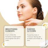 Woman with smooth skin and text about brightening elements and purified glycerin on a beige background