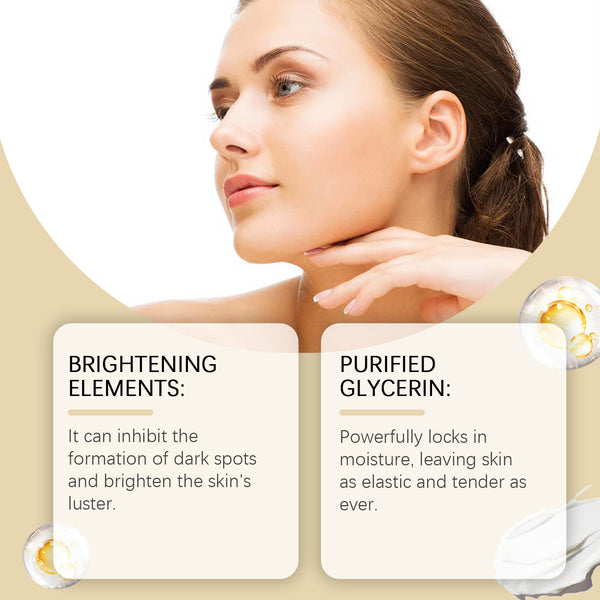 Woman with smooth skin and text about brightening elements and purified glycerin on a beige background