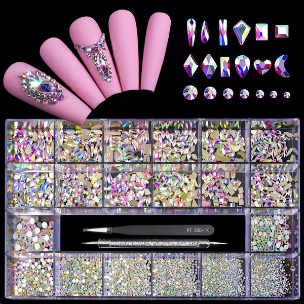 12 Types of 600 Crystal AB Diamonds + 2500 Flat Rhinestones Mix 20 Styles Flatback DIY Crafts Rhinestone Crystals 3D Ornament‌S Flat Back Stones Set +Tweezers + Drill Pen