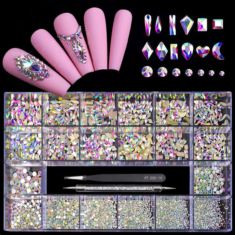 12 Types of 600 Crystal AB Diamonds + 2500 Flat Rhinestones Mix 20 Styles Flatback DIY Crafts Rhinestone Crystals 3D Ornament‌S Flat Back Stones Set +Tweezers + Drill Pen
