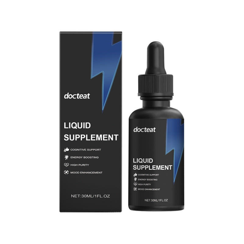 A bottle and packaging box of Docteal Liquid Supplement, with a predominantly black design featuring a blue lightning bolt.