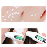 Collage of a skin care product being used on the neck with digital display showing temperature.