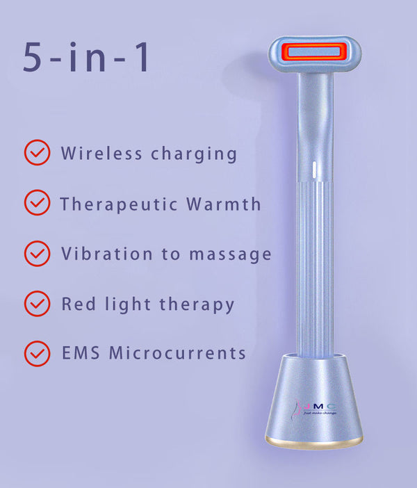 5-in-1 device with wireless charging, therapeutic warmth, vibration massage, red light therapy, and EMS microcurrents on a purple background.