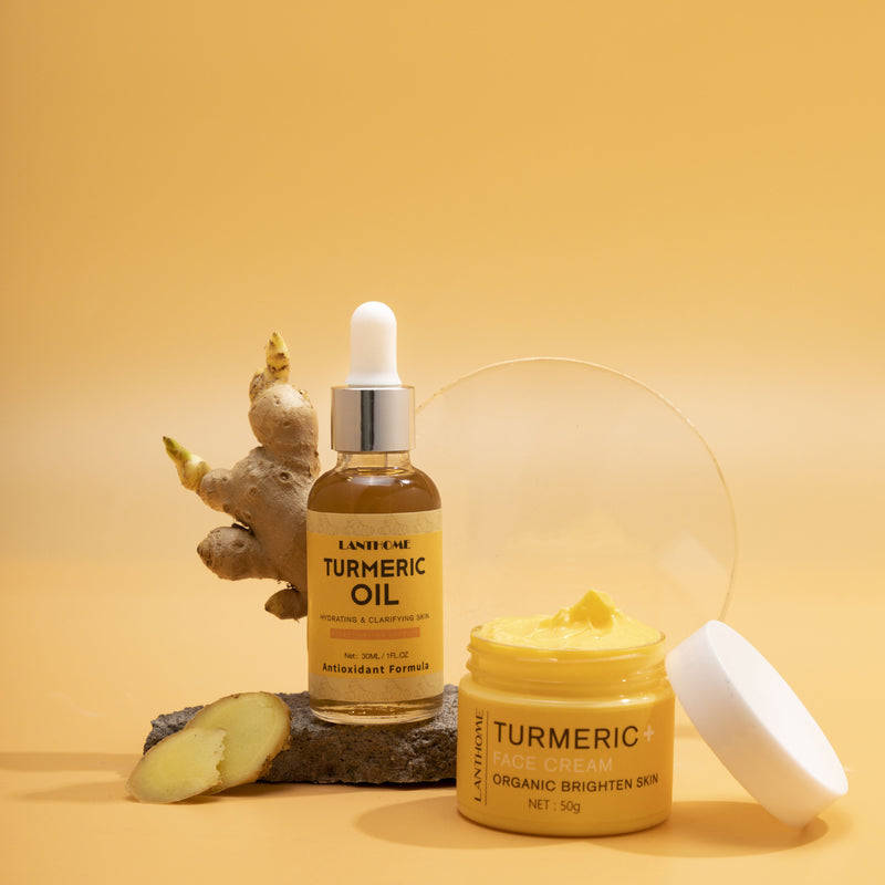 Turmeric oil bottle and cream jar with a yellow background