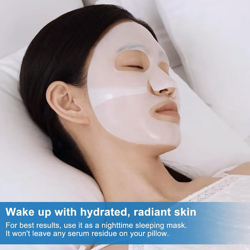 Woman lying down with a face mask on, text about skincare benefits.