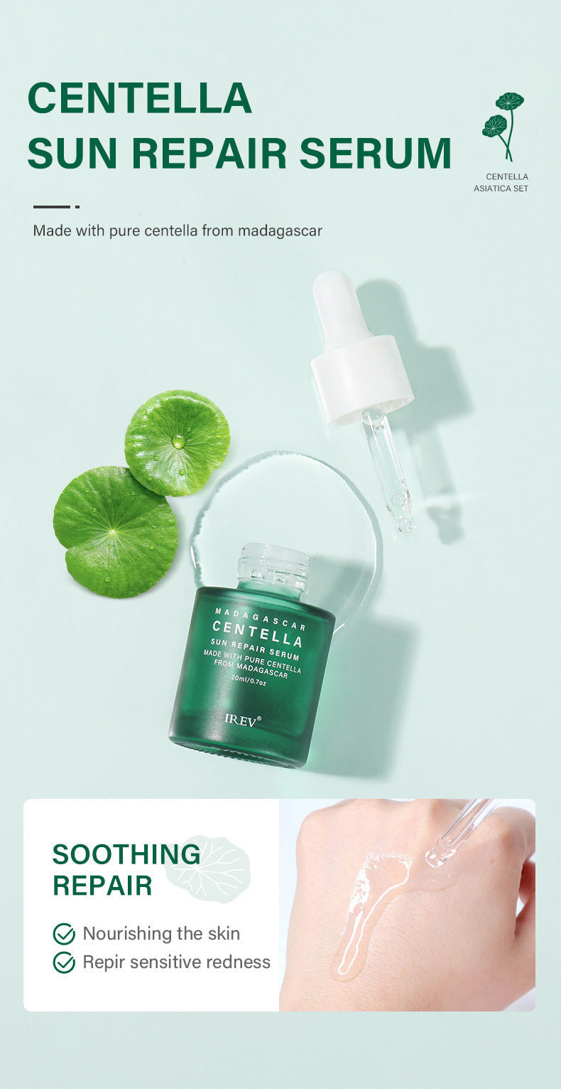 Centella Sun Repair Serum with dropper and leaves on a light blue background