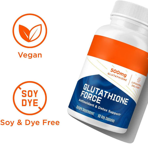 A bottle of Glutathione Force dietary supplement with 500mg of glutathione, marketed for antioxidant and detox support.