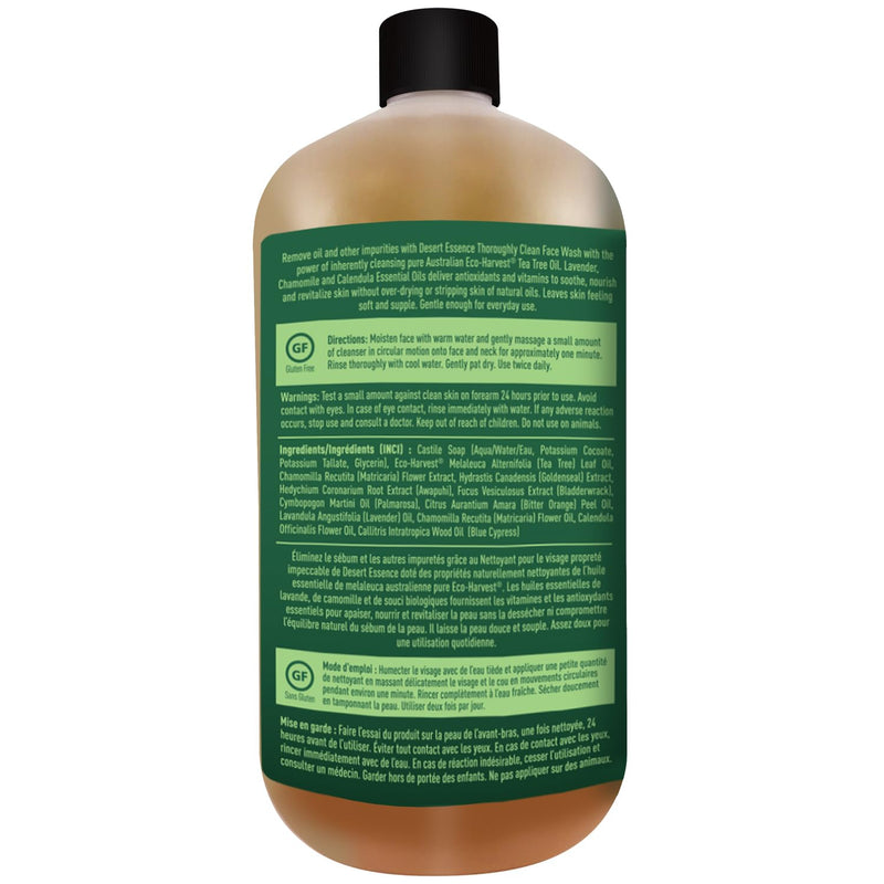 Thoroughly Clean Face Wash with Tea Tree Oil, Castile Soap and Coconut Oil - Organic Facial Cleanser for Sensitive and Oily Skin, Vegan & Cruelty-Free, 32 Fl Oz