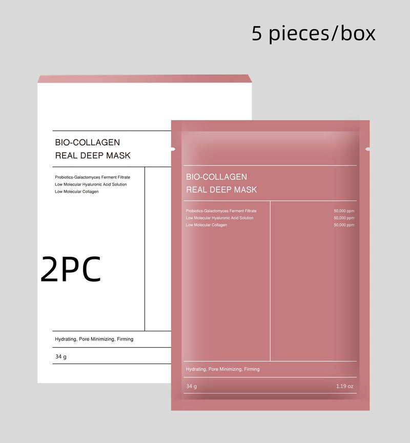 Bio-Collagen Real Deep Mask packaging with text indicating 2 pieces per box on a gray background