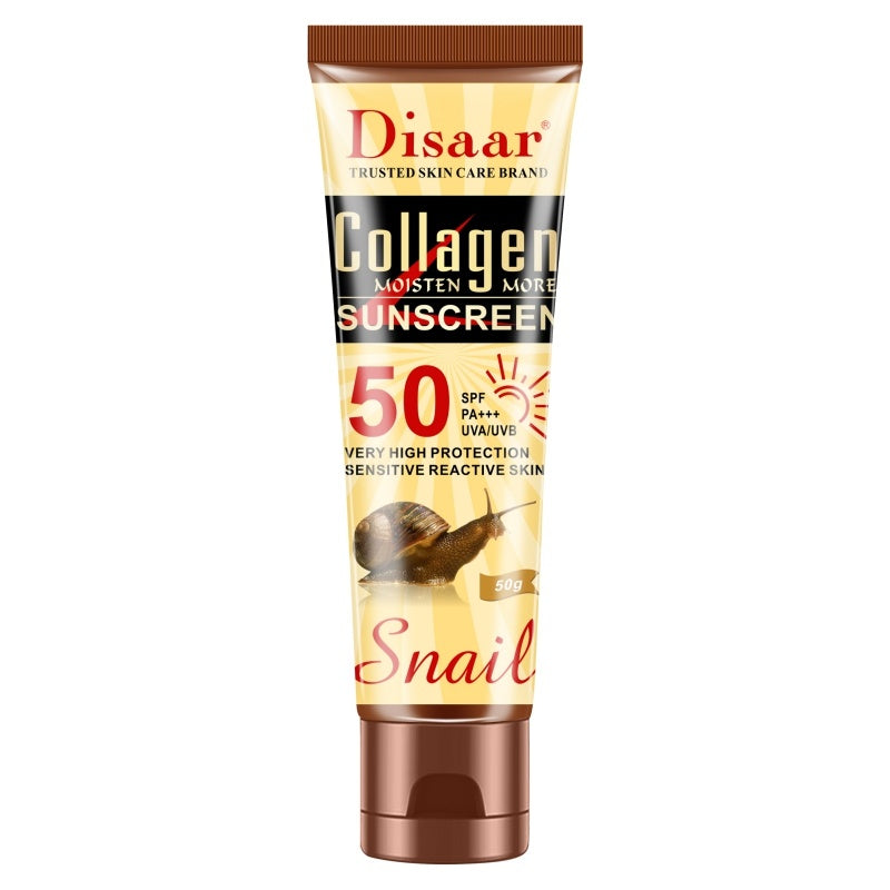 Tube of Disaar Collagen Sunscreen with snail shell illustration on a white background