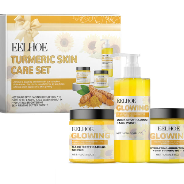 Eelhoe turmeric skin care set with various products on a white background