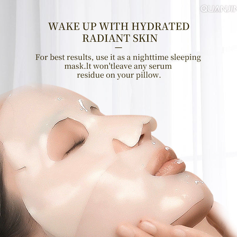 Person wearing a face mask with text about hydrating and radiant skin.