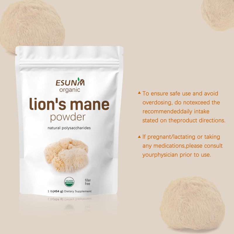 Packaging of ESUN organic Lion's mane powder with a white background, featuring an image of the lion's mane mushroom and text detailing product information.