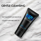 Facial cleanser tube for men on a textured white background with text about gentle cleansing.