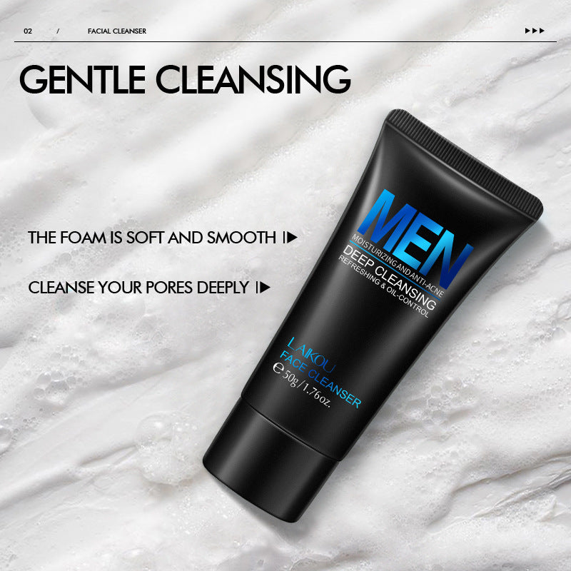 Facial cleanser tube for men on a textured white background with text about gentle cleansing.