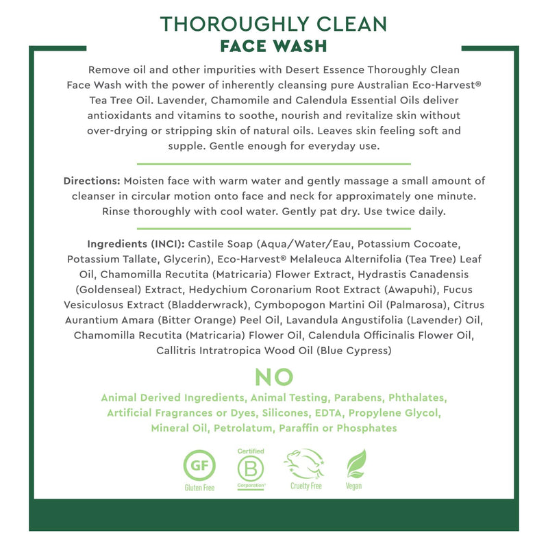 Thoroughly Clean Face Wash with Tea Tree Oil, Castile Soap and Coconut Oil - Organic Facial Cleanser for Sensitive and Oily Skin, Vegan & Cruelty-Free, 32 Fl Oz