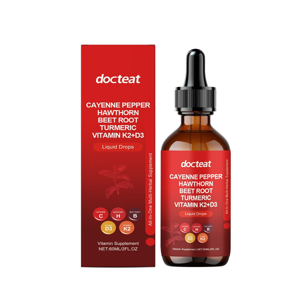 A bottle of docteat Vitamin Supplement Drops with a dropper, featuring labels of cayenne pepper, hawthorn, beet root, turmeric, and vitamins K2+D3. The product is displayed next to its packaging.