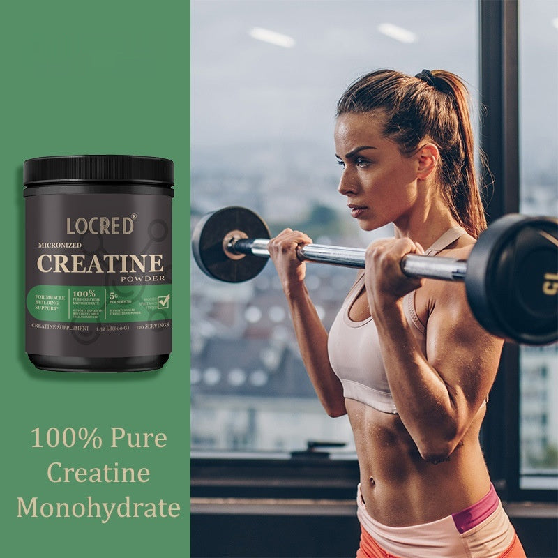 A container of LOCRED Creatine Monohydrate, marketed as 100% Pure Creatine, is displayed next to a woman lifting weights at the gym, highlighting the product's use for enhancing strength and performance in fitness.