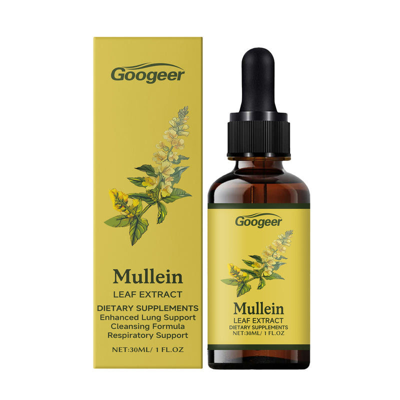 A bottle of Googer Mullein Leaf Extract dietary supplement with its packaging box. The box has information and branding, and the bottle has a dropper for dispensing the liquid.
