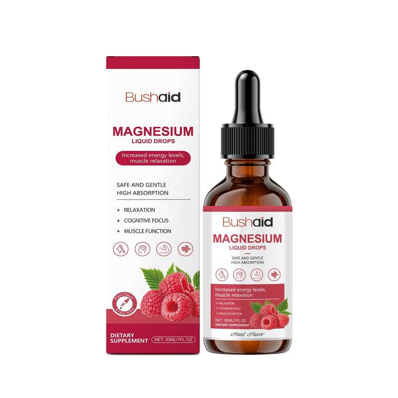 A bottle of Bushaid Magnesium Supplement Drops with a dropper, next to its packaging box featuring an image of a pineapple and slices of orange.