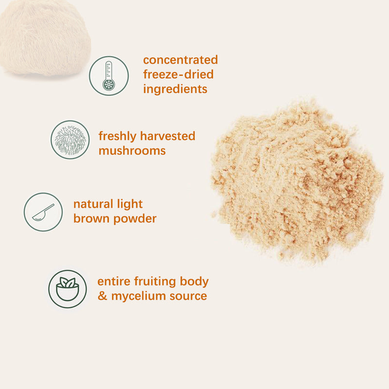 Packaging of ESUN organic Lion's mane powder with a white background, featuring an image of the lion's mane mushroom and text detailing product information.