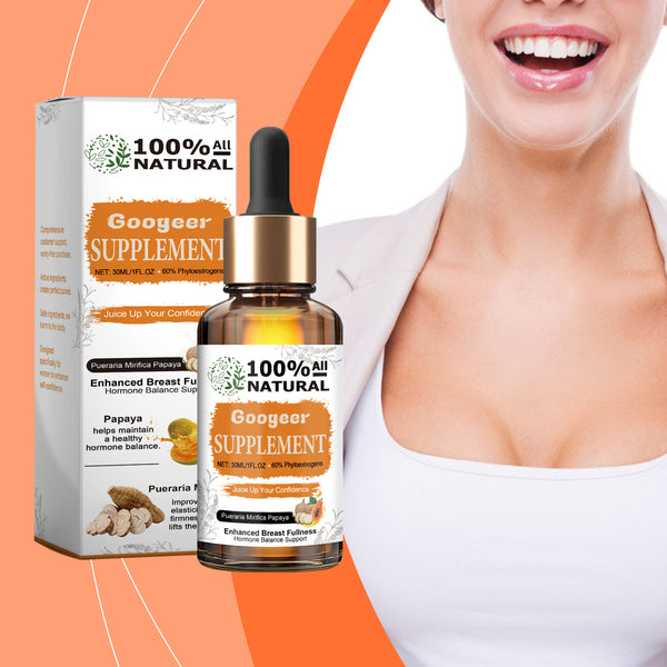 The image features a box and bottle of Googear Papaya Supplement, with a smiling woman wearing a white bra. The packaging is predominantly orange and white with an image of papaya fruit and leaves.