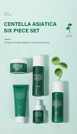 Six-piece skincare set with Centella Asiatica on a light green background