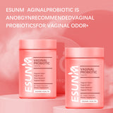 Two bottles of ESUNM vaginal probiotic supplement against a pink background, marketed as recommended by gynecologists for vaginal odor.