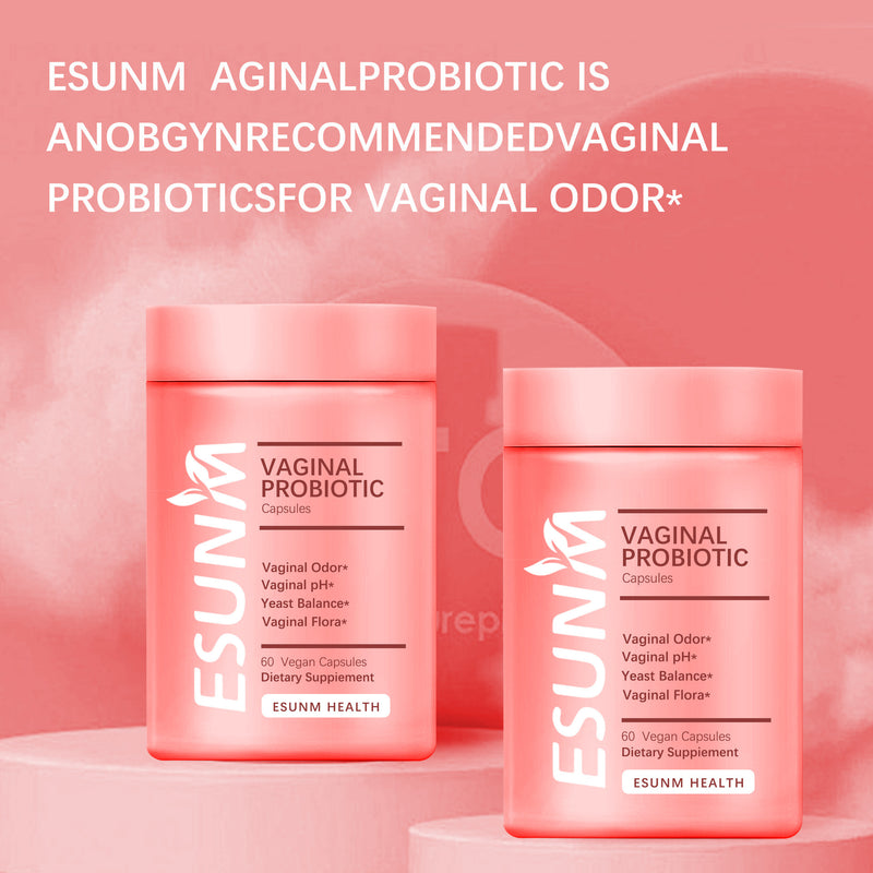 Two bottles of ESUNM vaginal probiotic supplement against a pink background, marketed as recommended by gynecologists for vaginal odor.